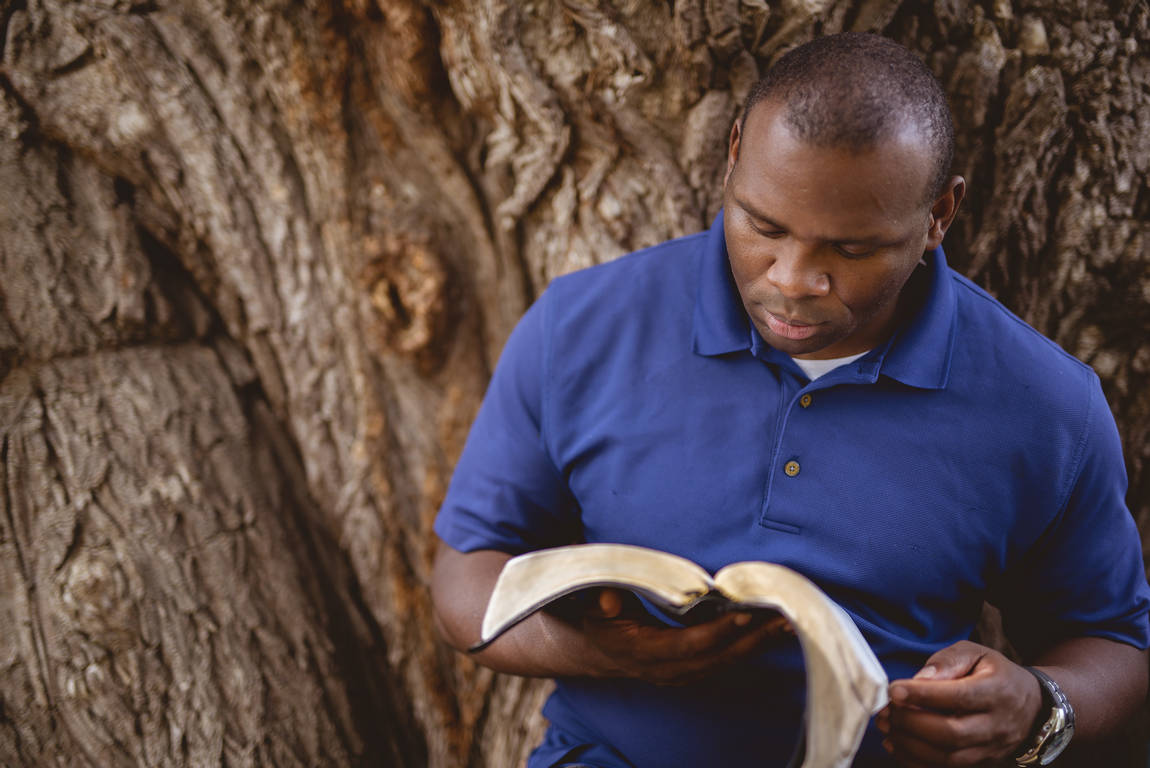 Closeup of an African-American man reading a bible with a tree on the blurry background